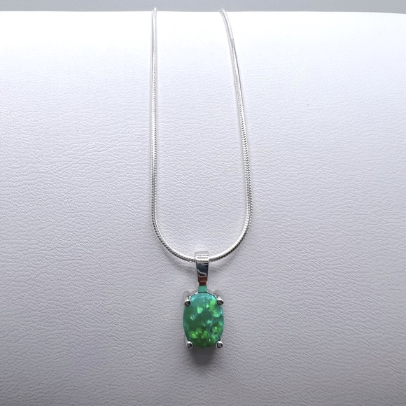 Sterling Silver Green Lab Oval Opal Necklace - Picture 10 of 17